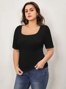 SHEIN BASICS Camiseta Plus Sólida Con Cuello Redondo - Negro - Ver 1