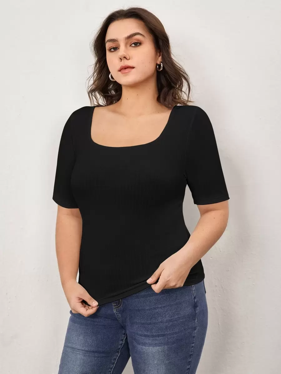 SHEIN BASICS Camiseta Plus Sólida Con Cuello Redondo - Negro - Ver 1