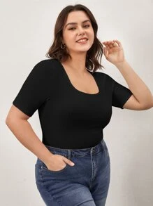 SHEIN BASICS Camiseta Plus Sólida Con Cuello Redondo - Negro - Ver 5