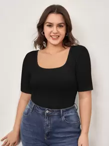 SHEIN BASICS Camiseta Plus Sólida Con Cuello Redondo - Negro - Ver 6