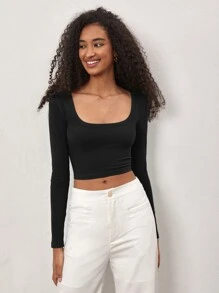 SHEIN BASICS Camiseta crop de cuello scoop - Negro - Ver 3