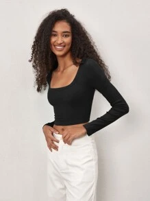 SHEIN BASICS Camiseta crop de cuello scoop - Negro - Ver 7