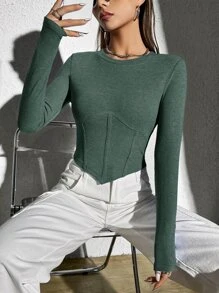 SHEIN EZwear 素色不對稱下擺短款T恤 - 墨綠色 - 查看 1