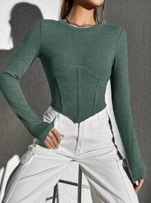 SHEIN EZwear 素色不對稱下擺短款T恤 - 墨綠色 - 查看 3