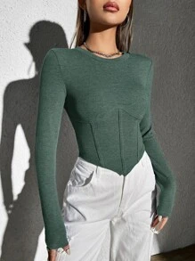 SHEIN EZwear 素色不對稱下擺短款T恤 - 墨綠色 - 查看 4