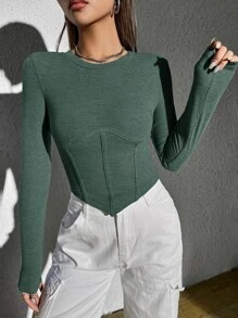 SHEIN EZwear 素色不對稱下擺短款T恤 - 墨綠色 - 查看 6