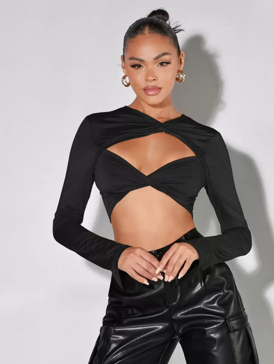 SHEIN BAE Áo nữ Cắt ra xoắn lại màu trơn Gợi cảm - màu đen - Xem 1