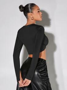 SHEIN BAE Áo nữ Cắt ra xoắn lại màu trơn Gợi cảm - màu đen - Xem 2