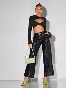 SHEIN BAE Áo nữ Cắt ra xoắn lại màu trơn Gợi cảm - màu đen - Xem 3