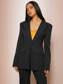SHEIN BAE Lapel Neck Flap Pocket Blazer - Black - View 4