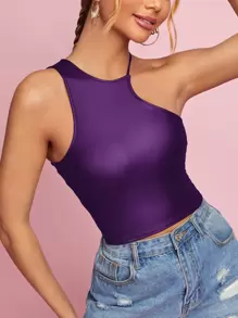 SHEIN BAE Solid Asymmetrical Neck PU Leather Top - Purple - View 1