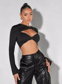 SHEIN BAE Áo nữ Cắt ra xoắn lại màu trơn Gợi cảm - màu đen - Xem 6