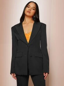 SHEIN BAE Lapel Neck Flap Pocket Blazer - Black - View 5