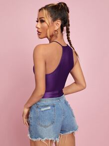 SHEIN BAE Solid Asymmetrical Neck PU Leather Top - Purple - View 2