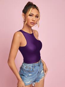 SHEIN BAE Solid Asymmetrical Neck PU Leather Top - Purple - View 3