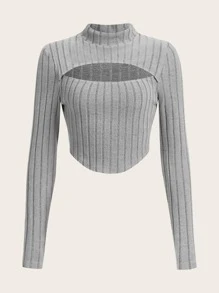 Muchica Cut Out Front Mock Neck Crop Tee - Light Grey - View 1