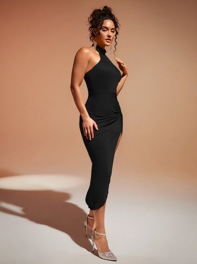 Silquee Vestido ajustado girante delantero de muslo con abertura de cuello halter de espalda abierta - Negro - Añade 5