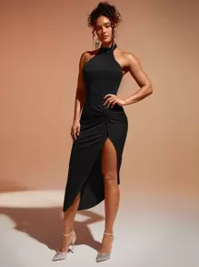 Silquee Twist Front Split Thigh Halter Neck Backless Bodycon Dress - Black - View 7