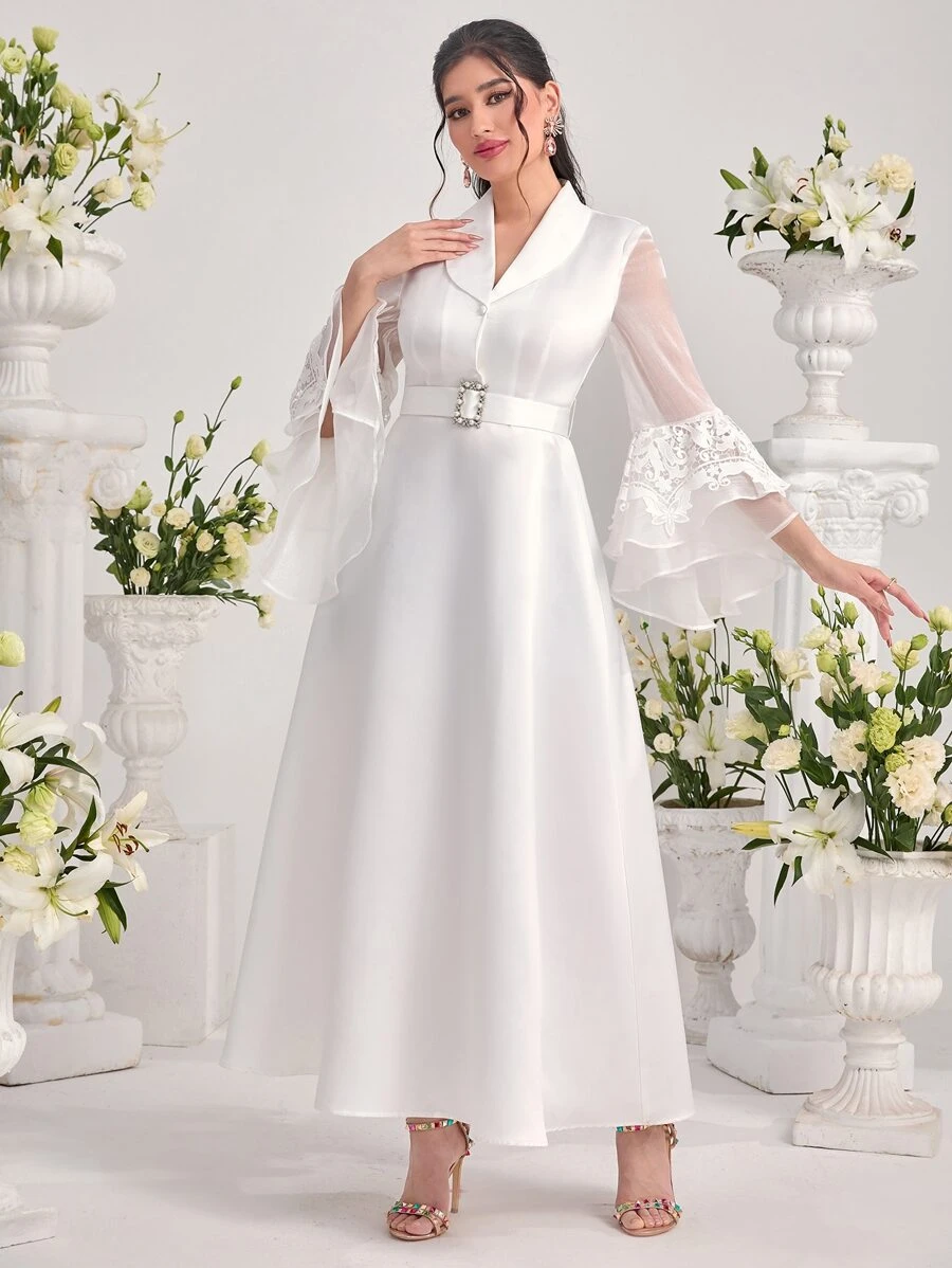 SHEIN Modely Robe longue ?� manches longues, col ch?�le, ceintur?�e, avec contraste de manche en 