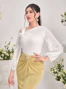 Modelyn Solid Twist Asymmetrical Neck Lantern Sleeve Top