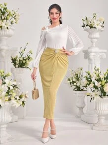 Modelyn Solid Twist Asymmetrical Neck Lantern Sleeve Top