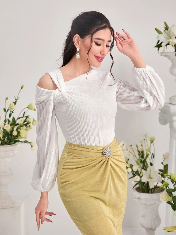 Solid Twist Asymmetrical Neck Lantern Sleeve Top