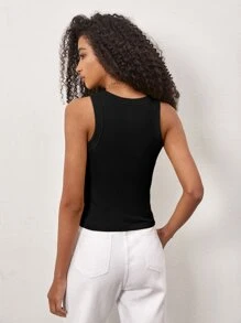 SHEIN BASICS 素色修身背心上衣 - 黑色 - 查看 3