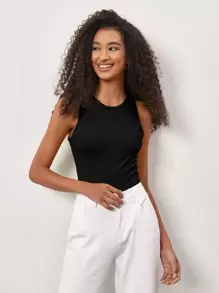 SHEIN BASICS 素色修身背心上衣 - 黑色 - 查看 5