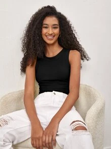 SHEIN BASICS 素色修身背心上衣 - 黑色 - 查看 6