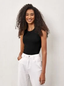 SHEIN BASICS 素色修身背心上衣 - 黑色 - 查看 8