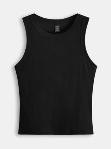 SHEIN BASICS 素色修身背心上衣 - 黑色 - 查看 9