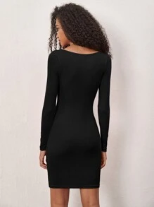 SHEIN BASICS Vestido De Punto Acanalado Ajustado Al Cuerpo Con Cuello En V - Negro - Ver 2