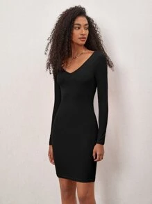 SHEIN BASICS Vestido De Punto Acanalado Ajustado Al Cuerpo Con Cuello En V - Negro - Ver 5