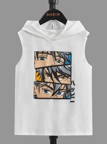 SHEIN 男孩字母任務圖案連帽背心上衣 - 白色 - 查看 1