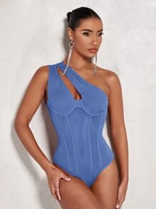 SHEIN BAE One Shoulder Cut Out Bustier Bodysuit - Blue - View 1