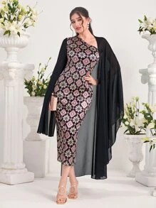 Modelyn Floral Print Asymmetrical Neck Dress - Multicolor - View 1