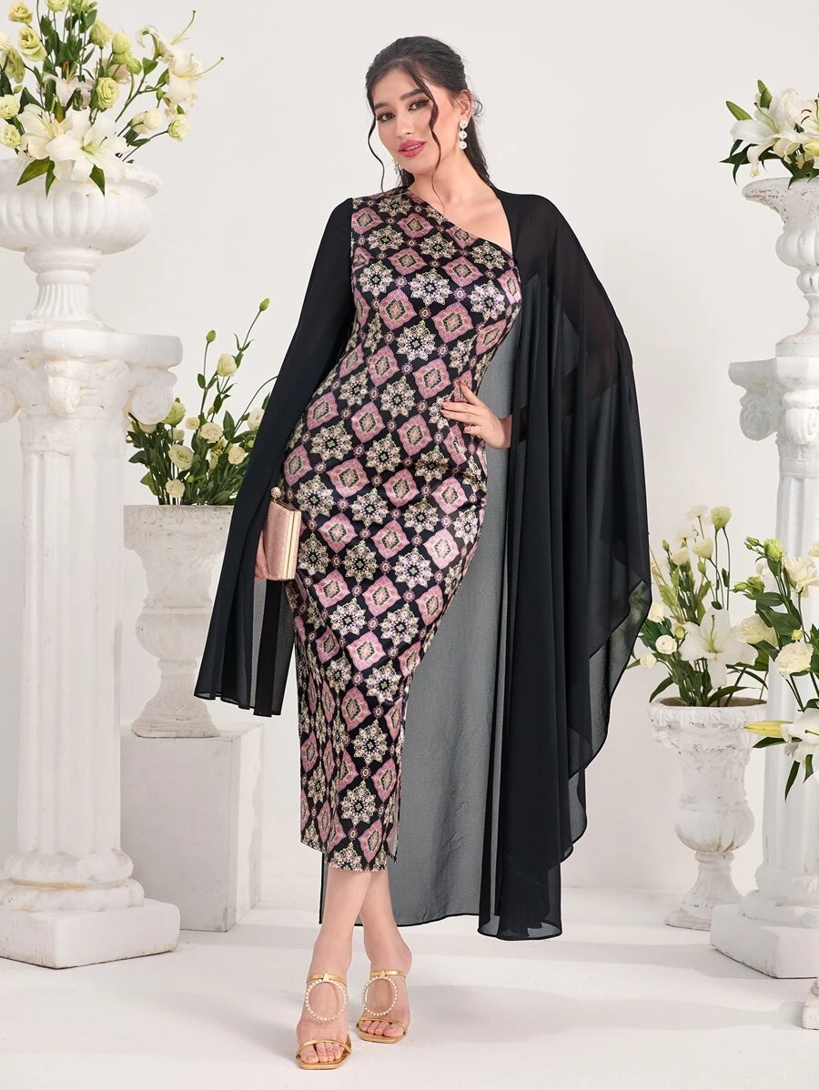 Modelyn Floral Print Asymmetrical Neck Dress - Multicolor - View 1