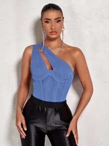 SHEIN BAE One Shoulder Cut Out Bustier Bodysuit - Blue - View 5