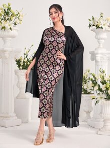 Modelyn Floral Print Asymmetrical Neck Dress - Multicolor - View 3