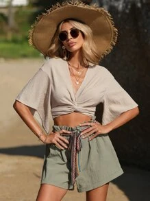 SHEIN VCAY Solid Tie Front Beach Blouse - Khaki - View 4