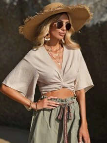 SHEIN VCAY Solid Tie Front Beach Blouse - Khaki - View 6