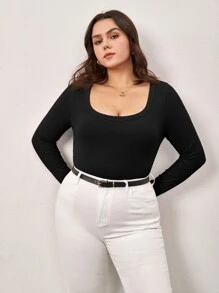 SHEIN BASICS Body de camiseta ajustado de cuello scoop tejido de canalé - Negro - Ver 6