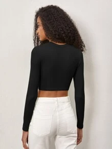 SHEIN BASICS 素色短款T恤 - 黑色 - 查看 2