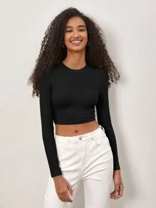 SHEIN BASICS 素色短款T恤 - 黑色 - 查看 3