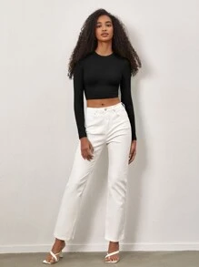 SHEIN BASICS 素色短款T恤 - 黑色 - 查看 4