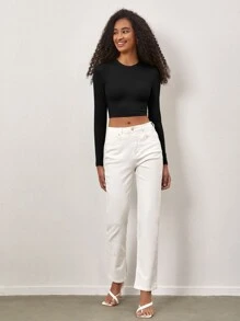 SHEIN BASICS 素色短款T恤 - 黑色 - 查看 5