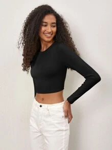 SHEIN BASICS 素色短款T恤 - 黑色 - 查看 6