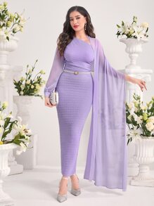 Modelyn Đầm Bất đối xứng Chia màu trơn Buổi tiệc - Màu Lilac Tím - Xem 1