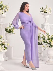 Modelyn Đầm Bất đối xứng Chia màu trơn Buổi tiệc - Màu Lilac Tím - Xem 4