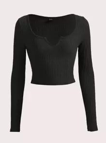 SHEIN EZwear 缺口領華夫格編織短款T恤 - 黑色 - 查看 1